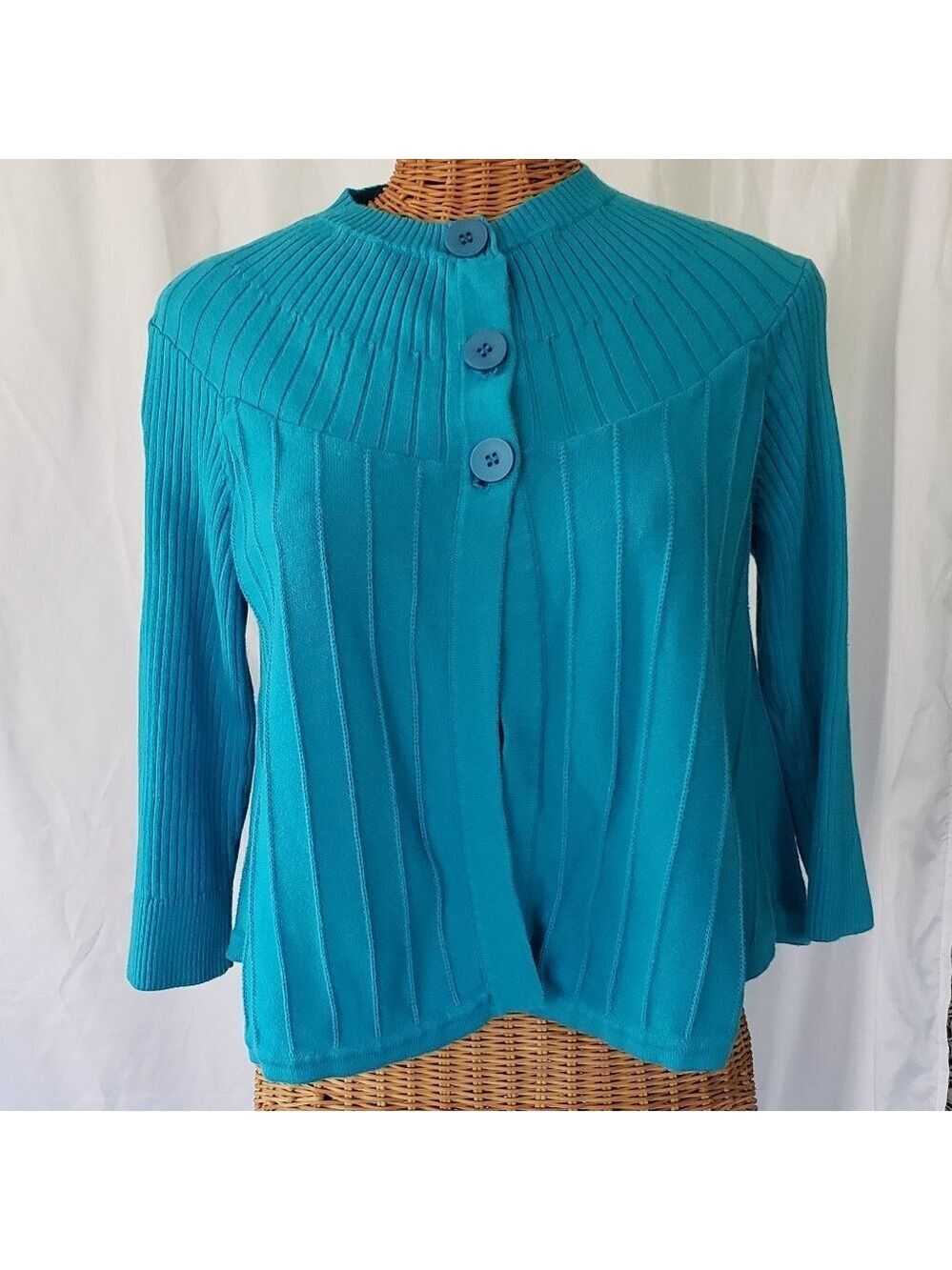 Willi Smith Women's Medium Blue Ribbed Cotton 3/4 Sleeve Cardigan Sweater